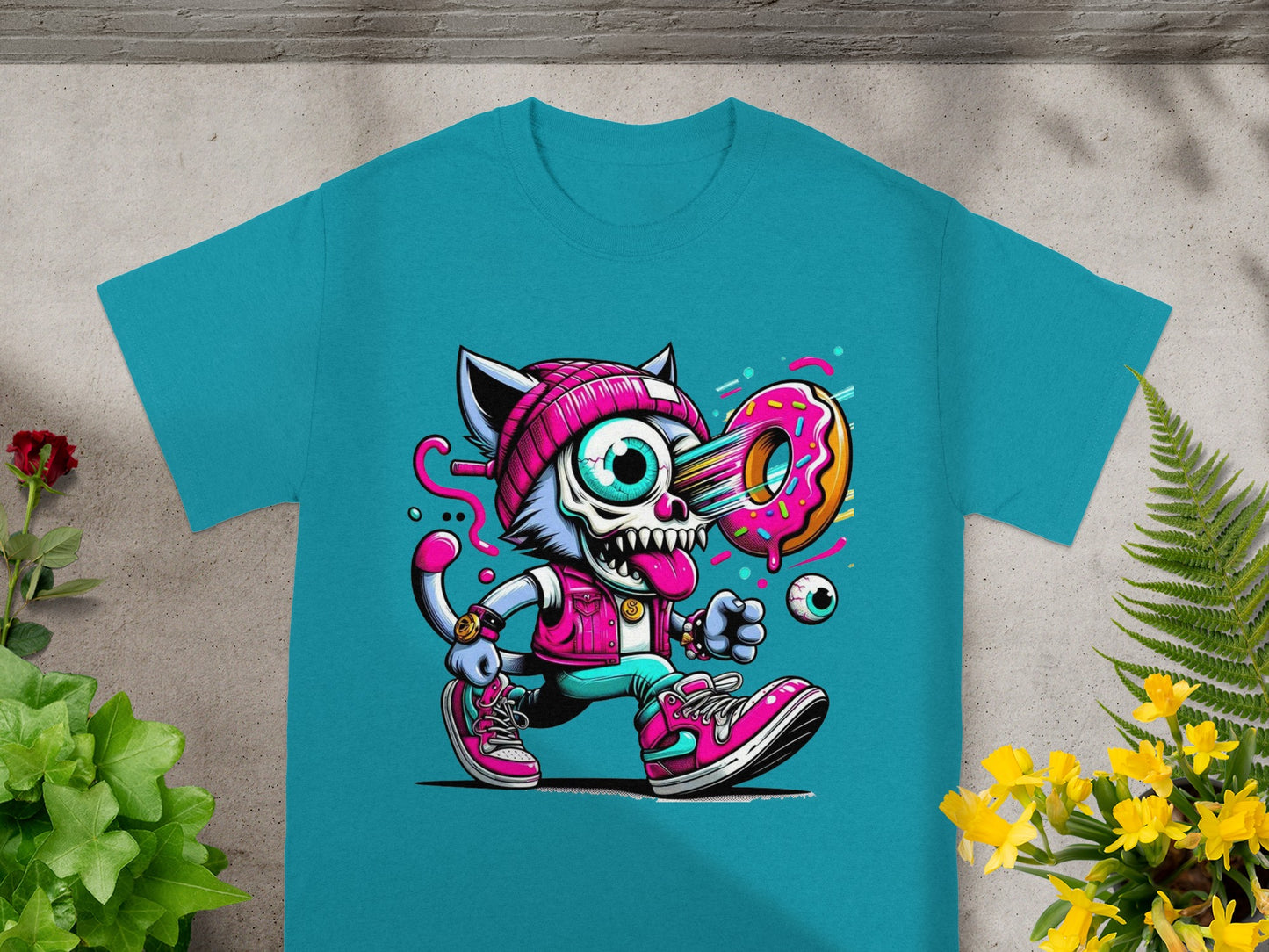 Quirky Cartoon Cat with Donut Eye Graphic T-shirt