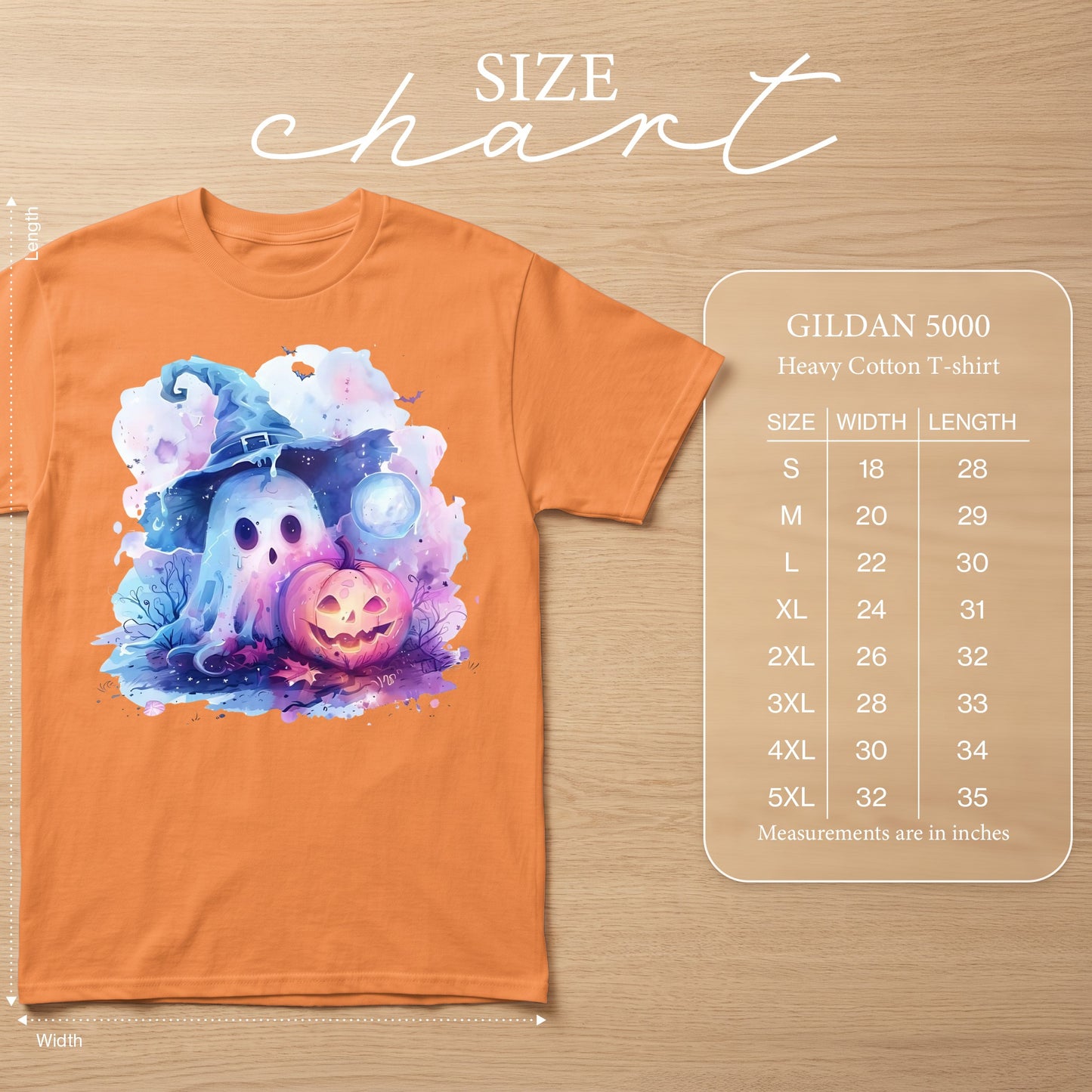 Orange t-shirt with a watercolor ghost, pumpkin, and moon Halloween graphic and a Gildan 5000 size chart.