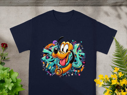 Navy t-shirt featuring cartoon dog Pluto in graffiti art style.
