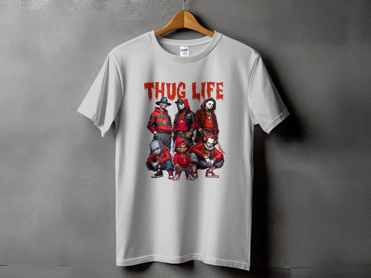 White t-shirt with "THUG LIFE" text and horror characters illustration.