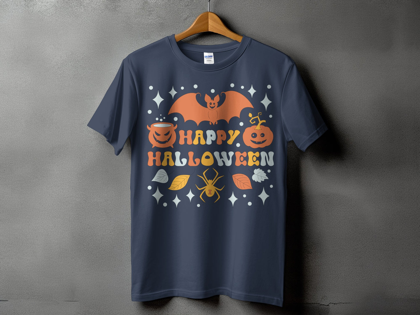 Dark blue t-shirt with retro Happy Halloween design featuring bat, pumpkin, cauldron, spider and leaves.