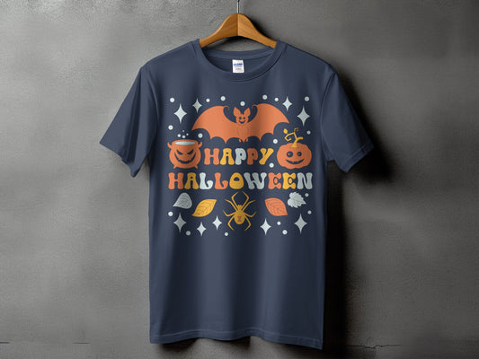 Dark blue t-shirt with retro Happy Halloween design featuring bat, pumpkin, cauldron, spider and leaves.