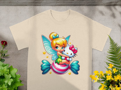 Fairy character hugging Hello Kitty on a striped candy.