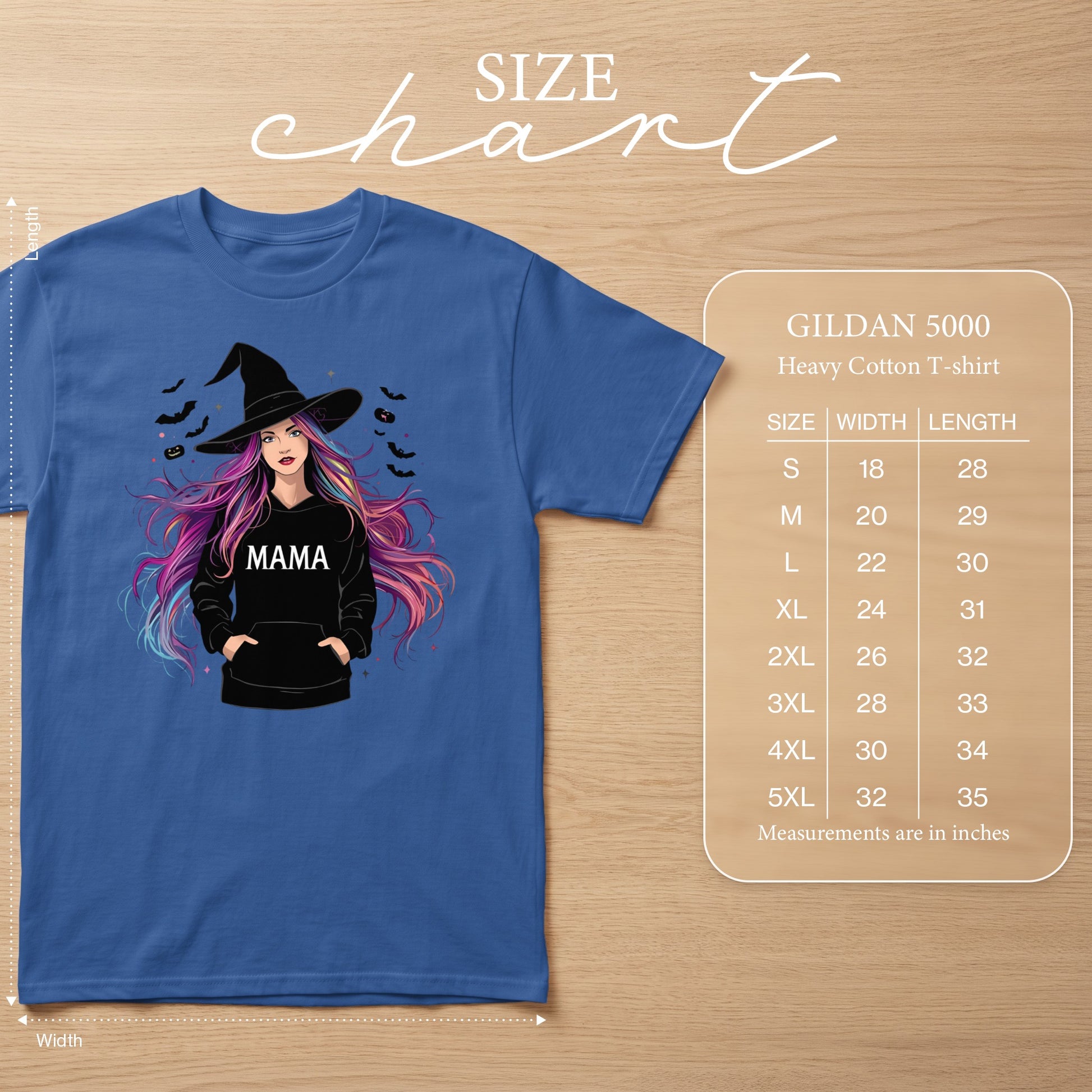 Blue t-shirt with witch graphic and GILDAN 5000 size chart.
