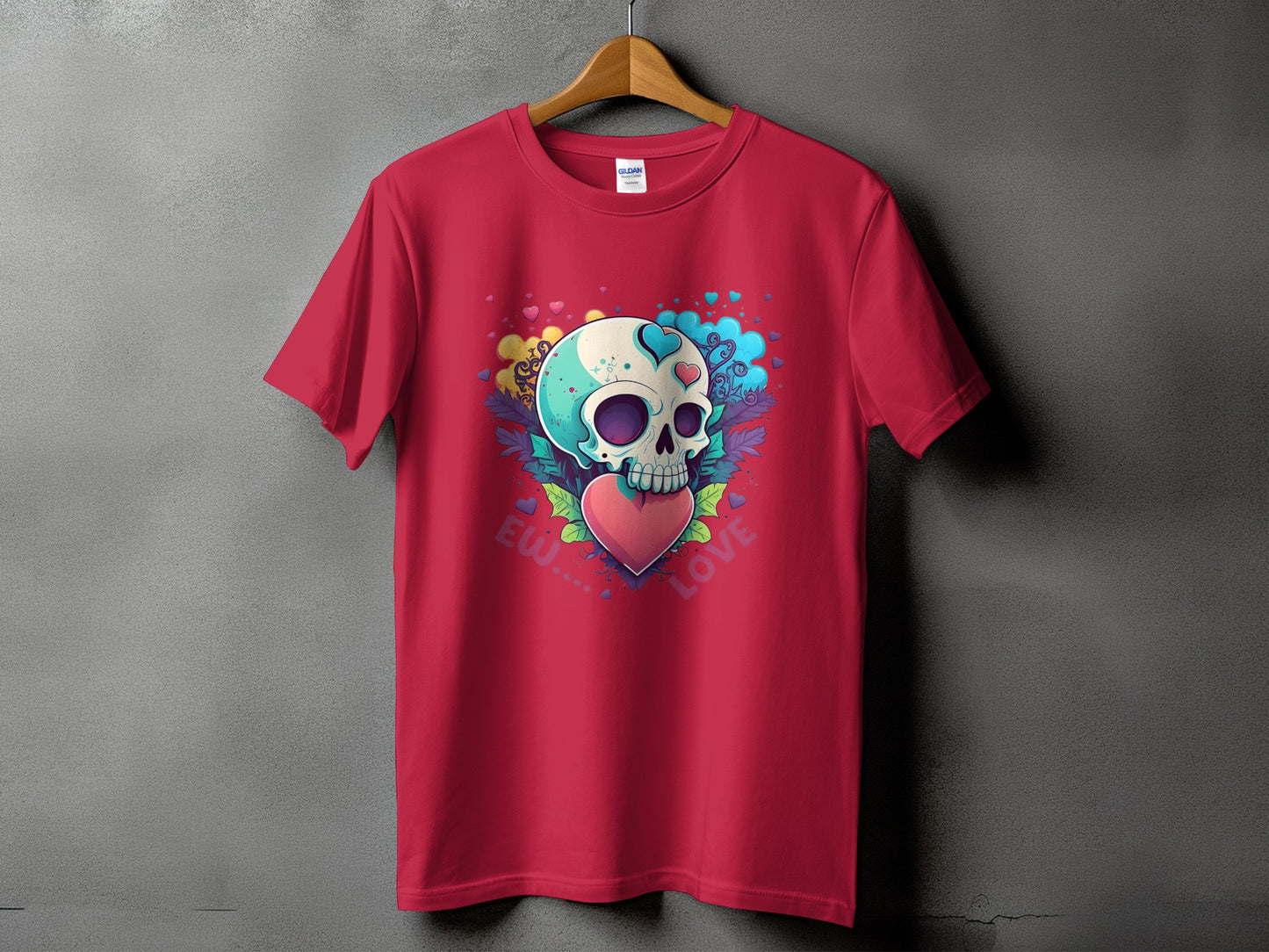 Red t-shirt with skull, heart, and "Ew... Love" graphic design.
