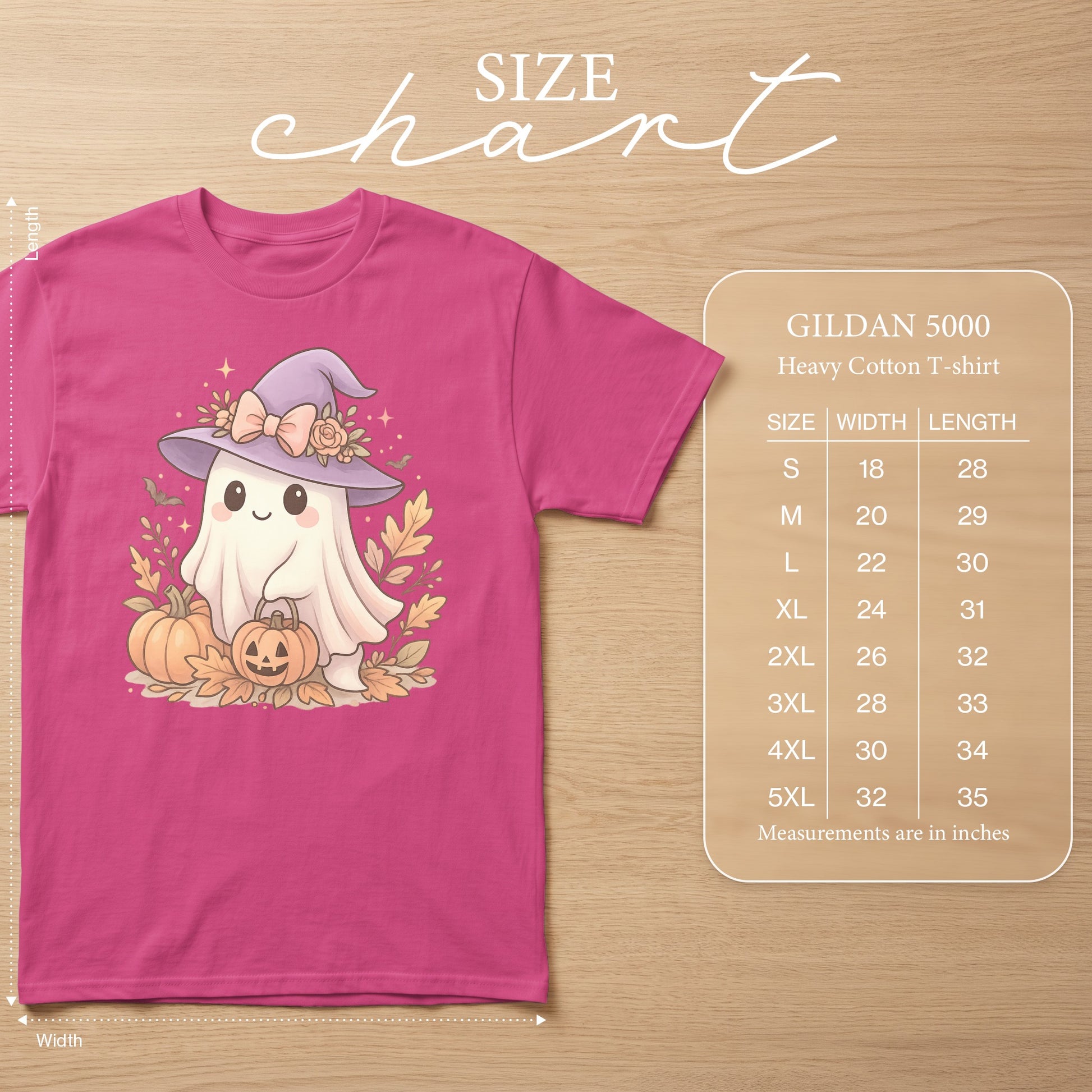Pink t-shirt with cute ghost design and Gildan 5000 size chart.