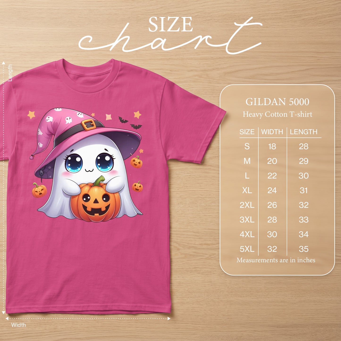 Pink Gildan 5000 t-shirt with a cute ghost holding a pumpkin and a size chart.