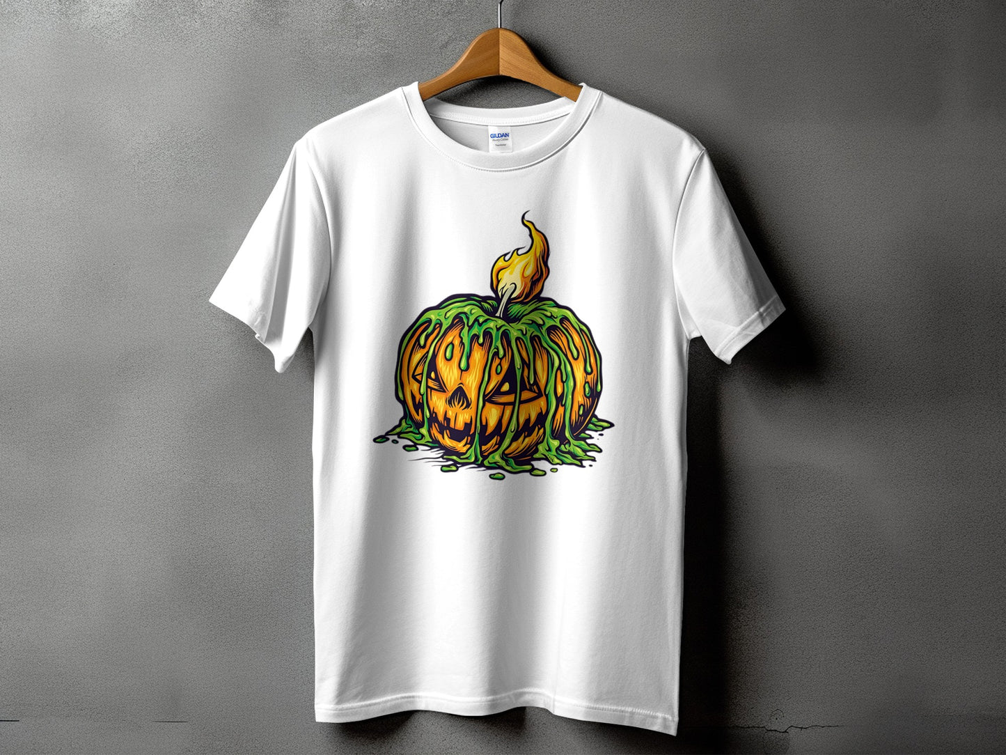 White t-shirt with a melting jack-o'-lantern graphic with a flame on top.