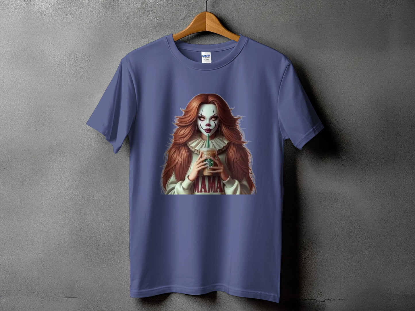 T-shirt with a clown character holding a Starbucks cup, text "MAMA" on shirt