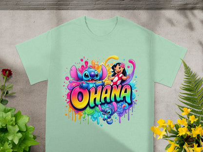Ohana graphic with Stitch and Lilo on a mint green t-shirt.