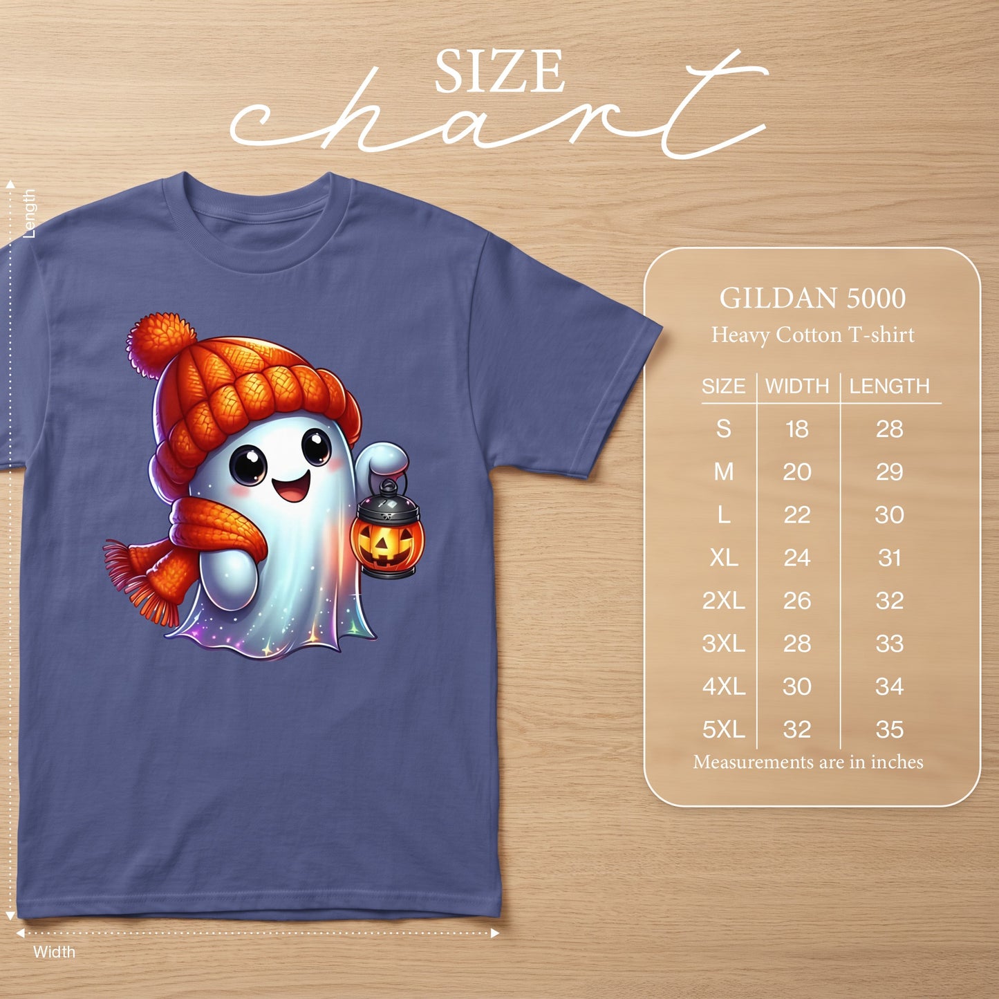 Ghost with pumpkin lantern and orange hat and scarf on purple t-shirt with size chart.