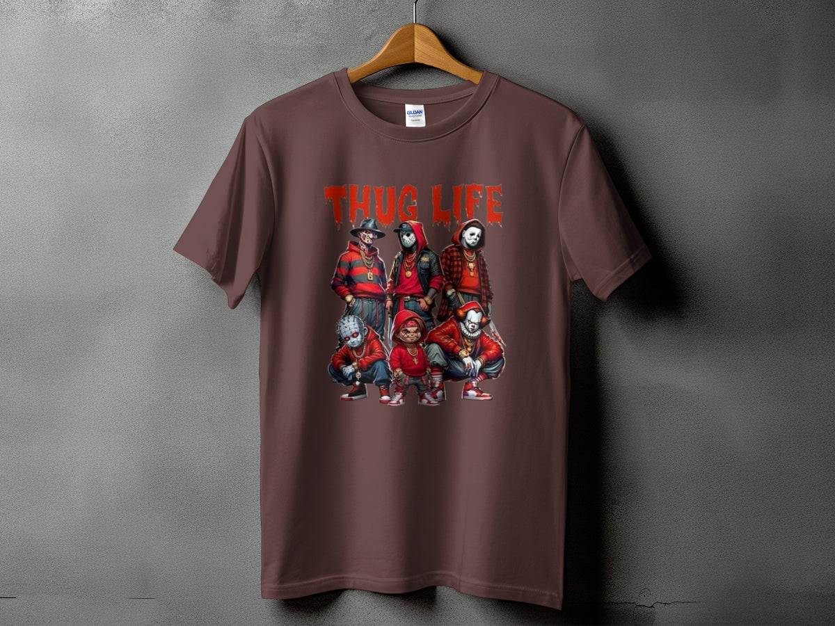 Brown t-shirt with "THUG LIFE" text and horror characters.