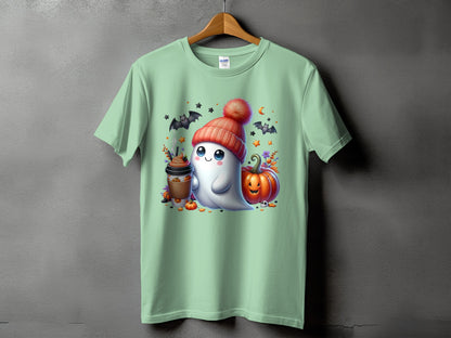 Ghost with pumpkin, coffee cup, bats, and stars on a light green t-shirt.