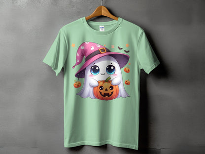 Green t-shirt with a cute ghost wearing a witch hat holding a pumpkin.