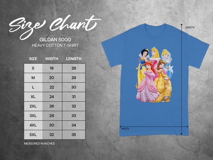GILDAN 5000 T-SHIRT Princesses Size Chart Measured In Inches product type