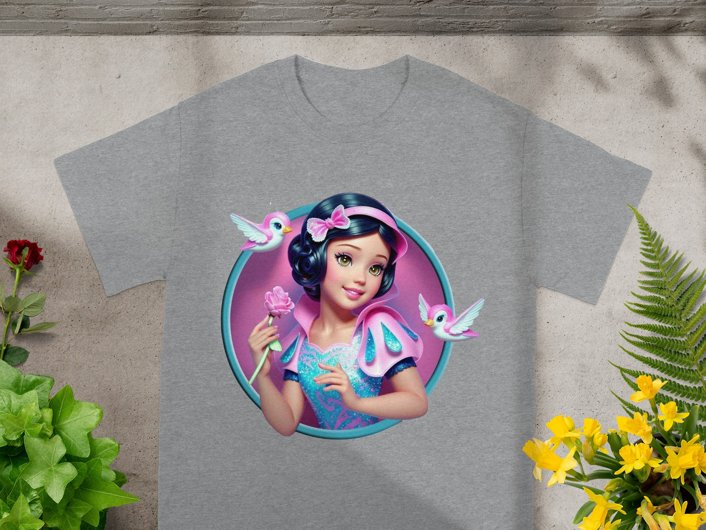 Gray t-shirt with a cartoon of Snow White holding a pink rose and two birds.