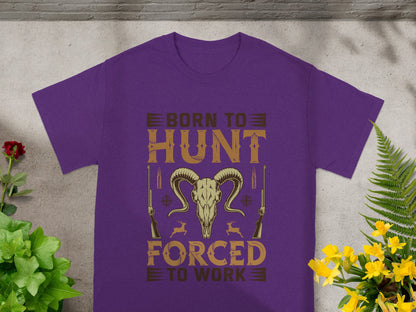 Purple t-shirt with "Born to Hunt, Forced to Work" text and hunting graphics.
