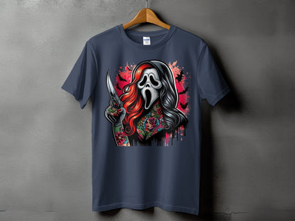 Ghostface tattoo-style graphic with knife and bats on a navy t-shirt.