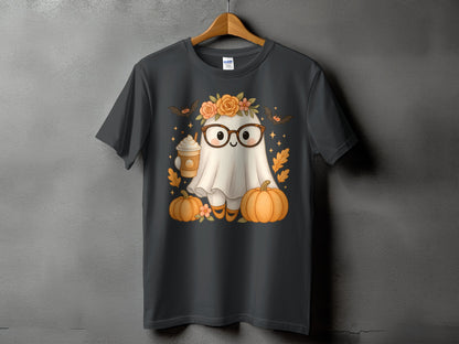 Cute ghost with glasses, flower crown, pumpkin spice latte, and pumpkins on t-shirt.