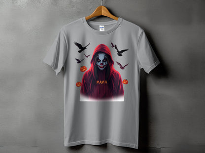 Grey t-shirt with spooky clown design, birds, and pumpkins. "Mama" text.