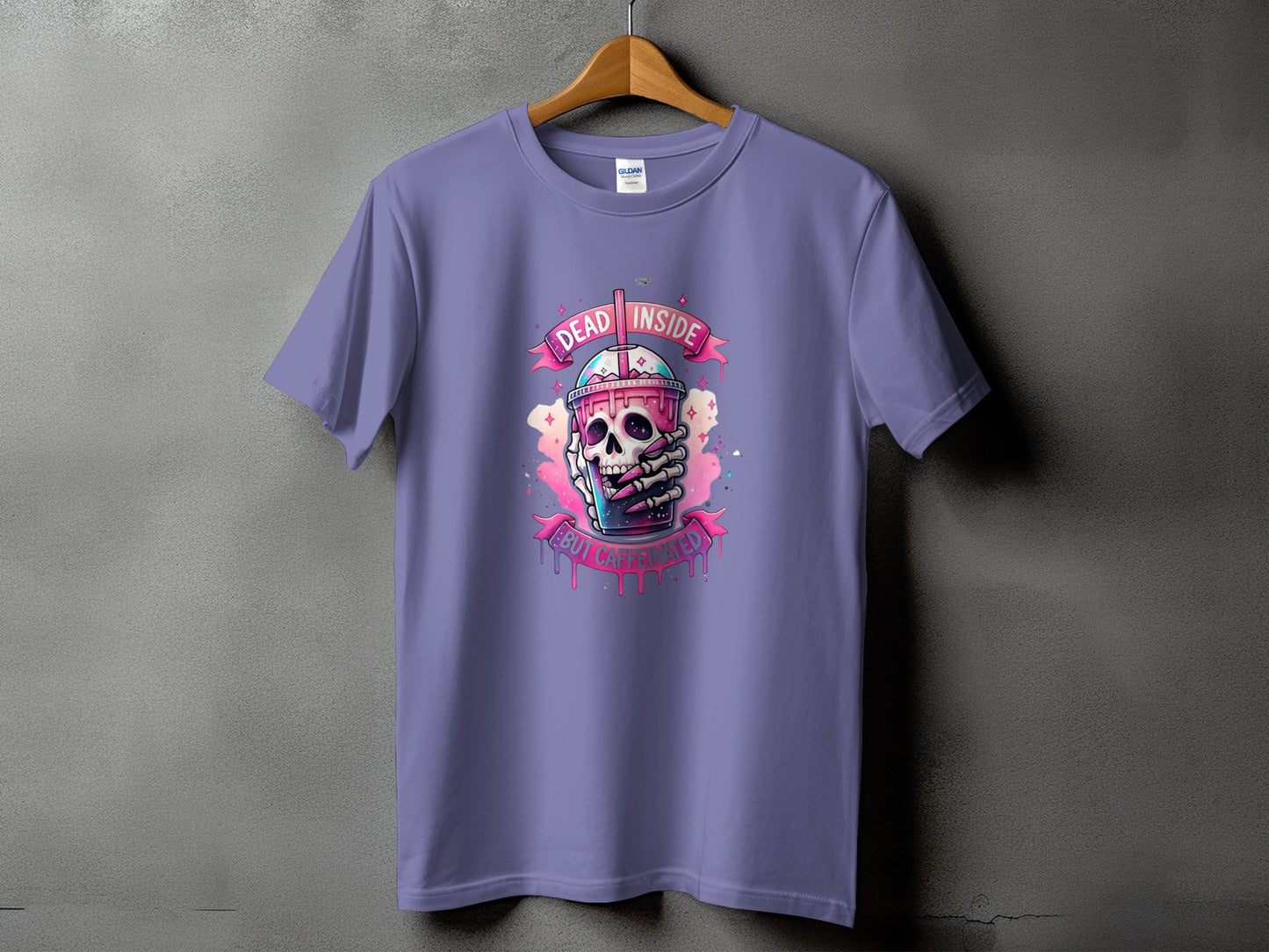 Purple t-shirt with a skull holding a coffee cup that says "Dead Inside But Caffeinated".