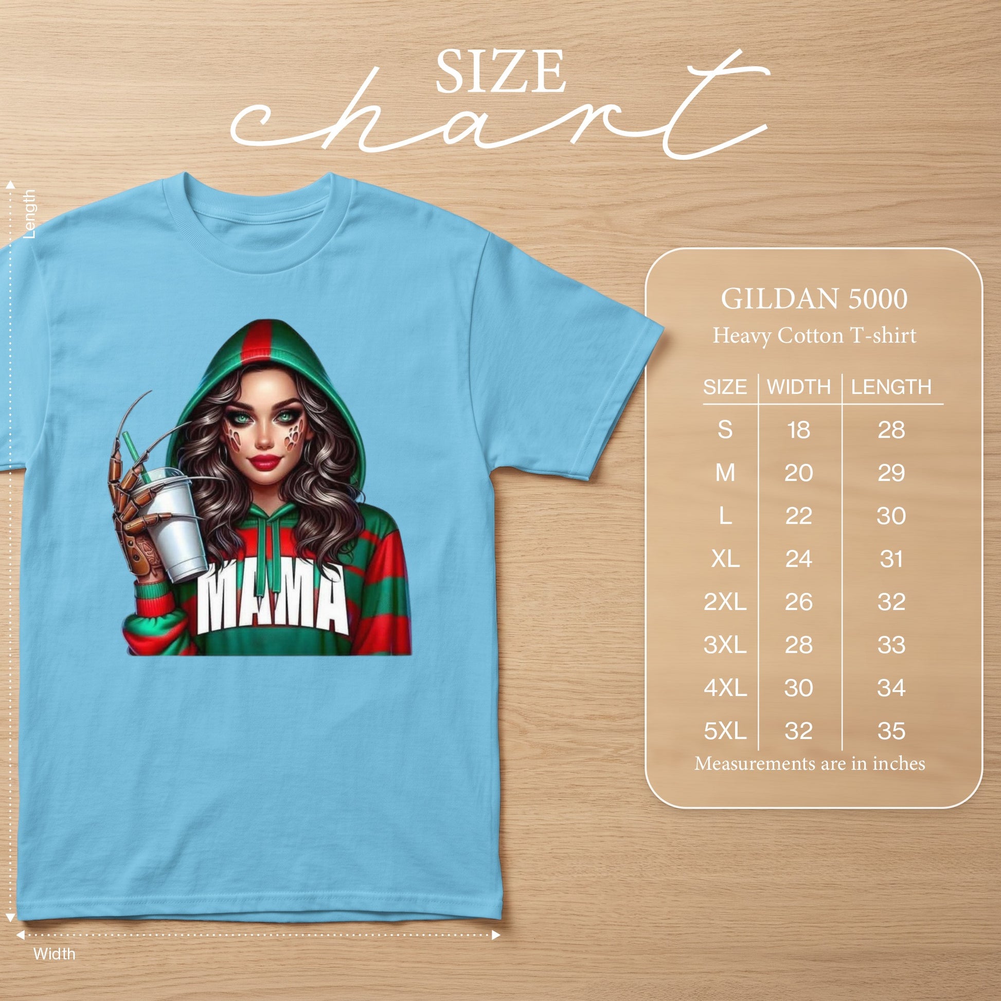 Light blue t-shirt with graphic and Gildan 5000 size chart.