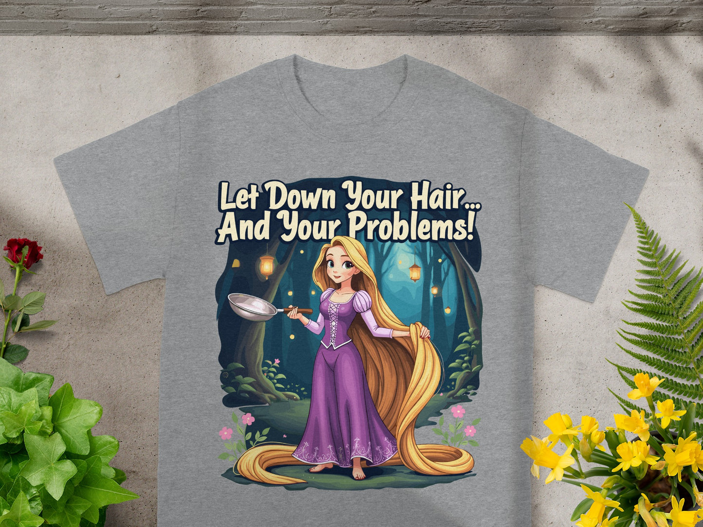 Rapunzel in purple dress with long blonde hair, holding frying pan.