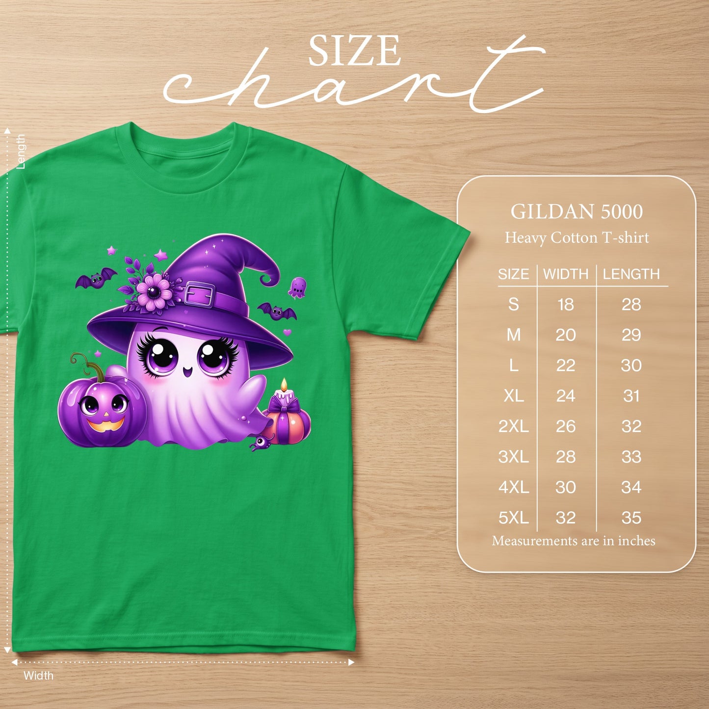 Green Gildan 5000 Heavy Cotton t-shirt featuring a cute ghost with pumpkin and candle graphic.