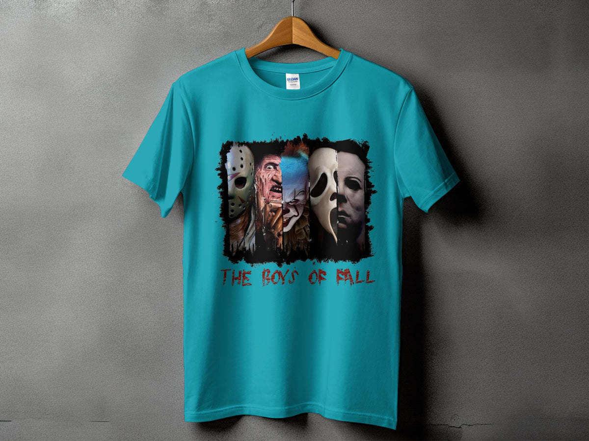Teal t-shirt with horror characters and "The Boys of Fall" text.