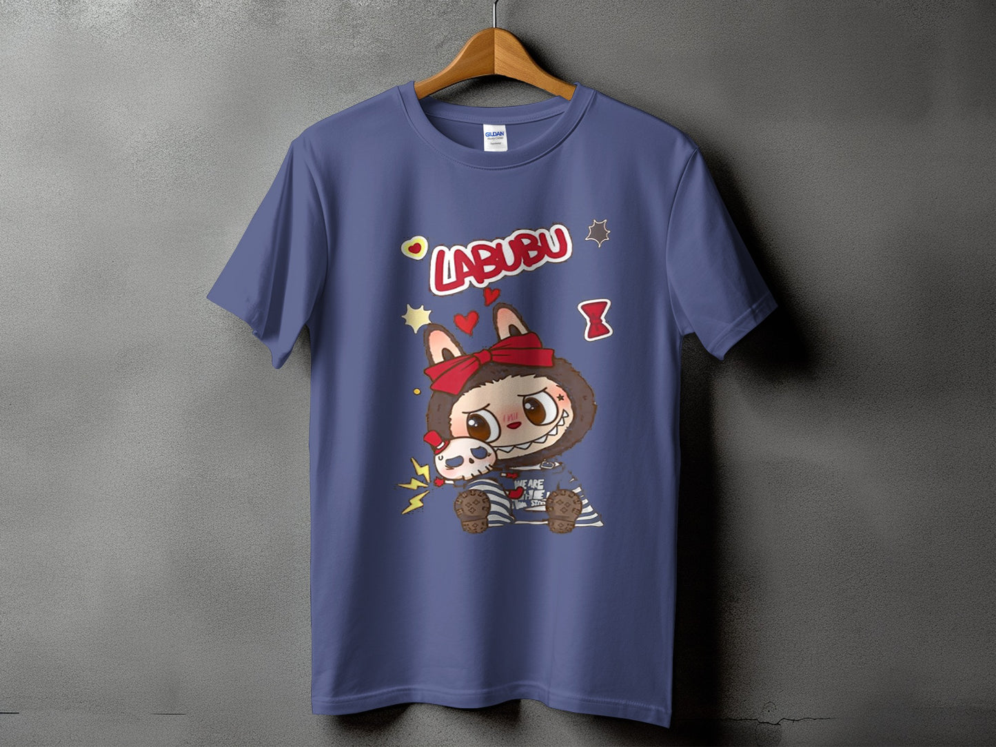 Purple t-shirt with "LABUBU" text and cartoon character holding a skull.