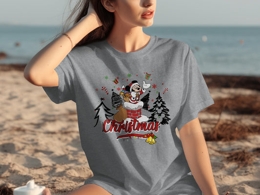 Festive Christmas T-Shirt with Santa and Trees Design