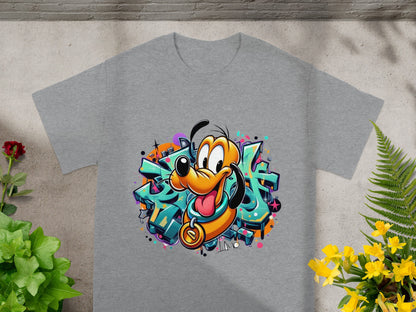 Gray t-shirt with a graffiti-style illustration of Pluto.