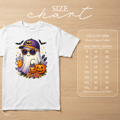 White t-shirt with cartoon ghost wearing Batman hat, sunglasses, holding drink, pumpkins, and flowers. Includes size chart.