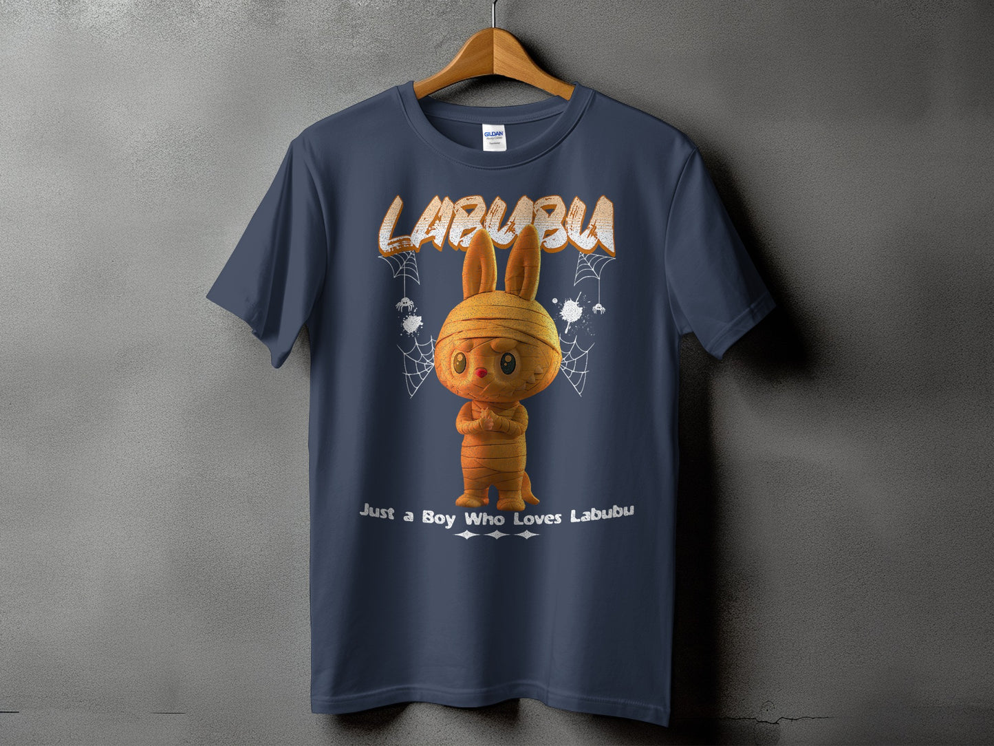 Navy t-shirt with Labubu mummy graphic and "Just a Boy Who Loves Labubu" text.