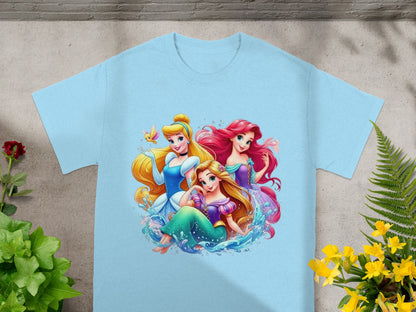 Light blue t-shirt featuring Ariel, Belle, and Cinderella from Disney.