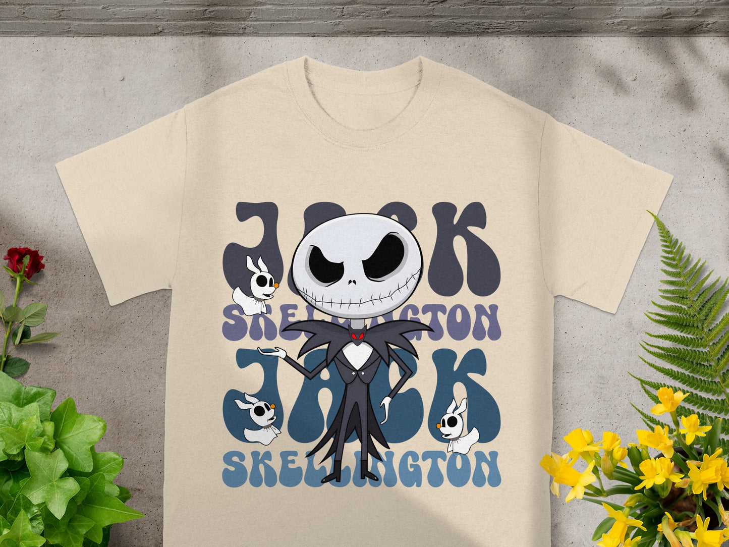Jack Skellington graphic on a light tan t-shirt.