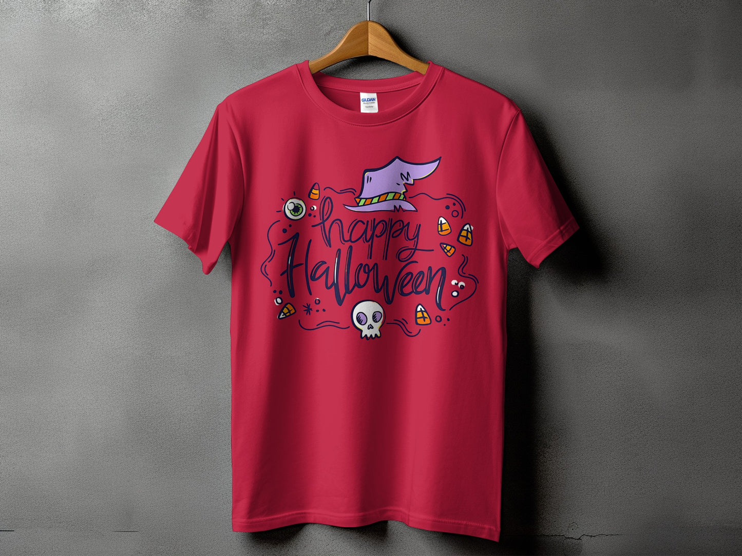 Red t-shirt with "Happy Halloween" text, witch hat, skull, and candy corn design.