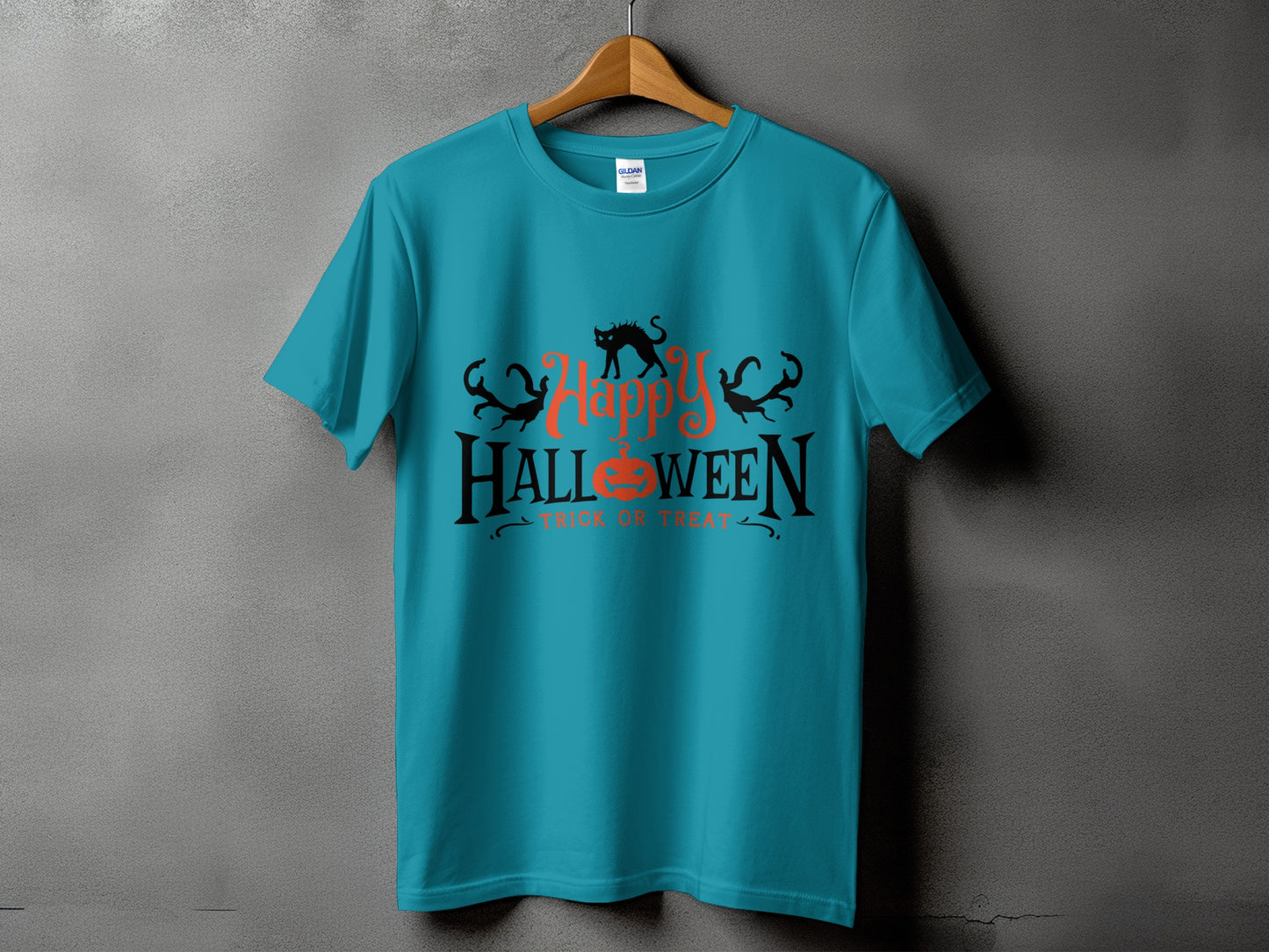Teal t-shirt with "Happy Halloween Trick or Treat" graphic and black cats.