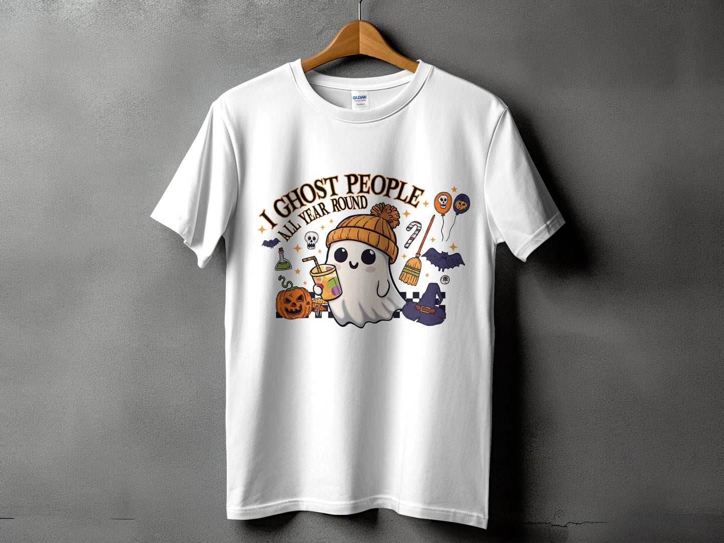 White t-shirt with "I Ghost People All Year Round" Halloween graphic.