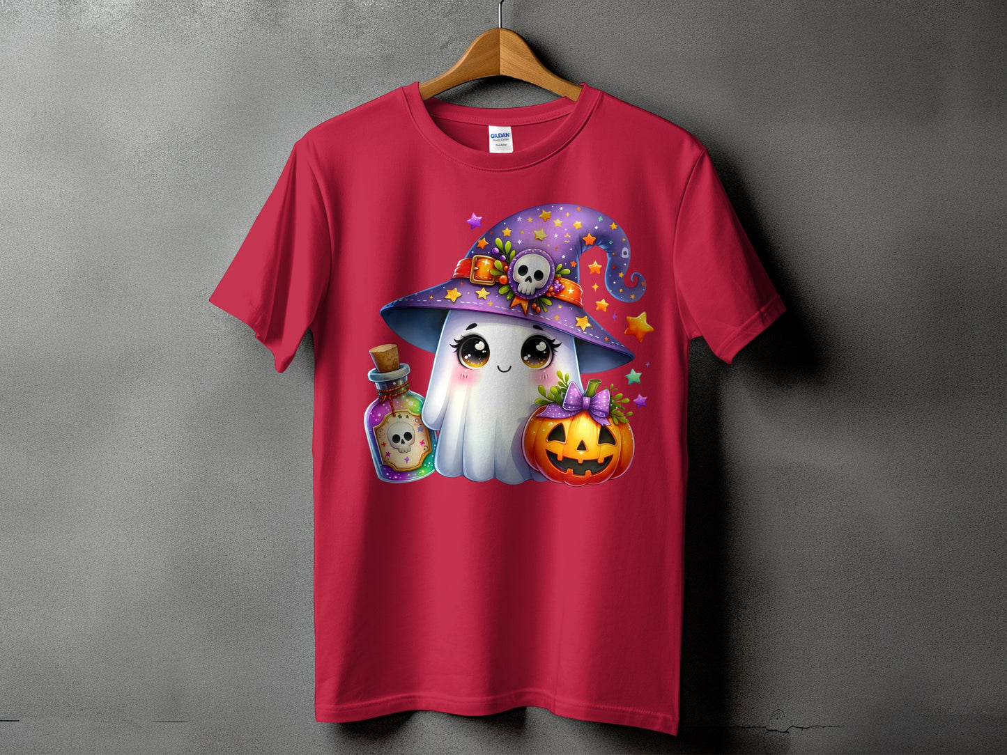 Halloween t-shirt with a cartoon ghost, pumpkin, potion bottle, and witch hat.