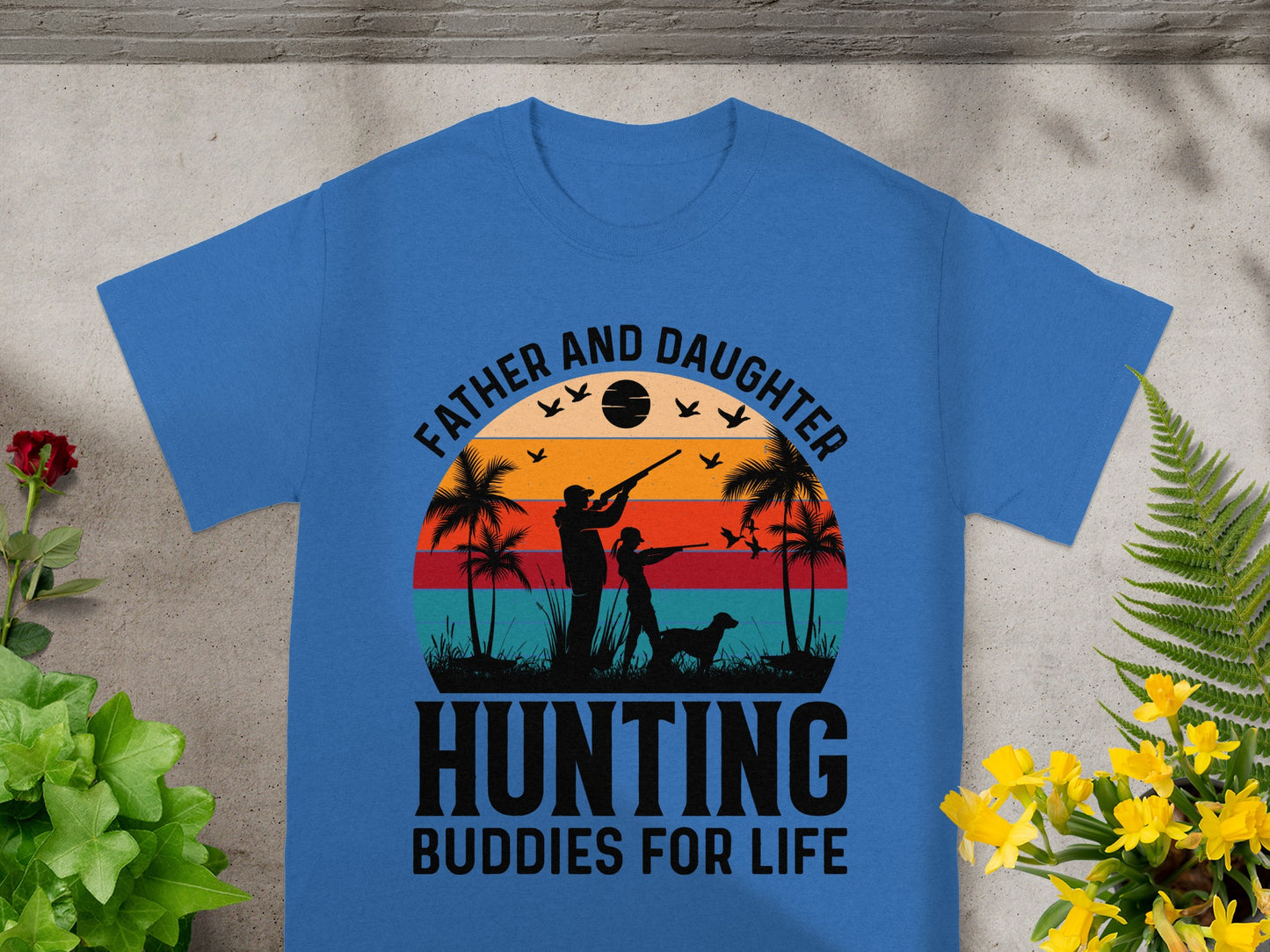 Father and daughter hunting buddies for life graphic on blue t-shirt.