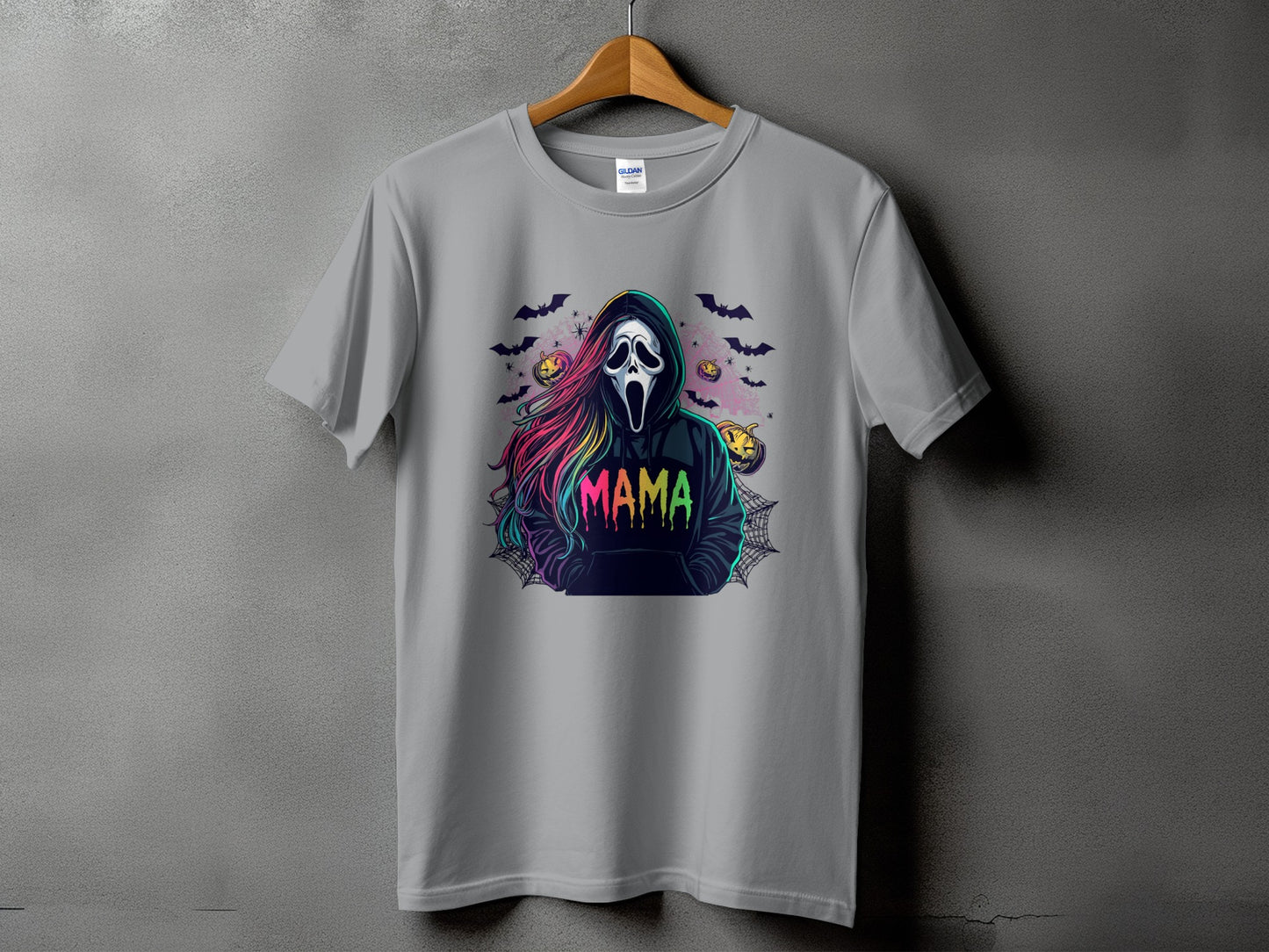 Gray t-shirt with a Halloween ghost graphic and the word "MAMA" in colorful letters.