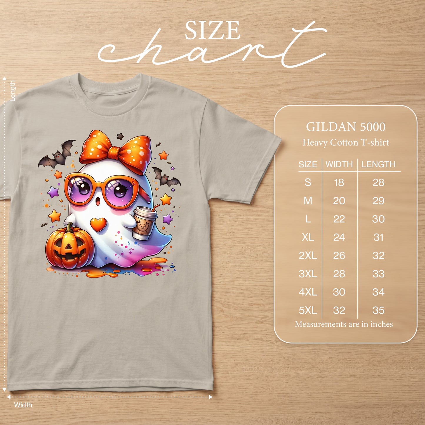 Gray Gildan 5000 heavy cotton t-shirt with cartoon ghost, pumpkin, and bats graphic and size chart.