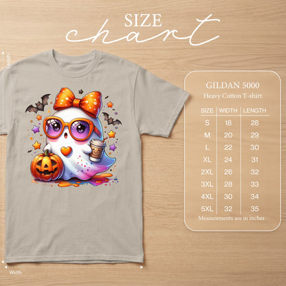 Gray Gildan 5000 heavy cotton t-shirt with cartoon ghost, pumpkin, and bats graphic and size chart.