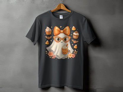 Ghost with orange glasses, bow, and pumpkin spice latte on a t-shirt.