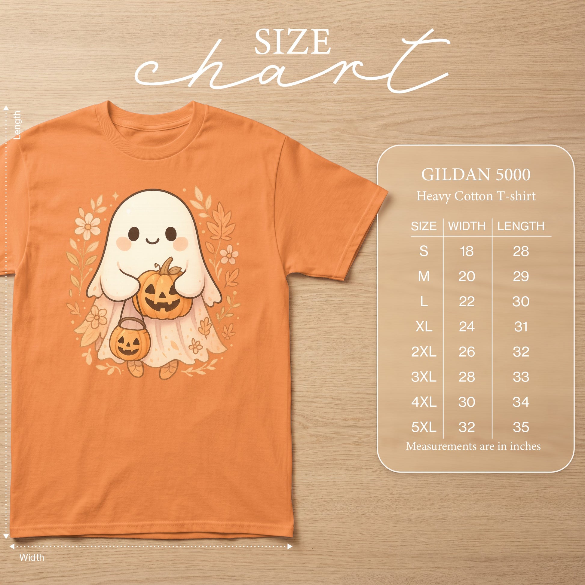 Orange Gildan 5000 Heavy Cotton T-shirt with cute ghost and pumpkin graphic, size chart.