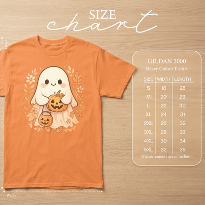 Orange Gildan 5000 Heavy Cotton T-shirt with cute ghost and pumpkin graphic, size chart.