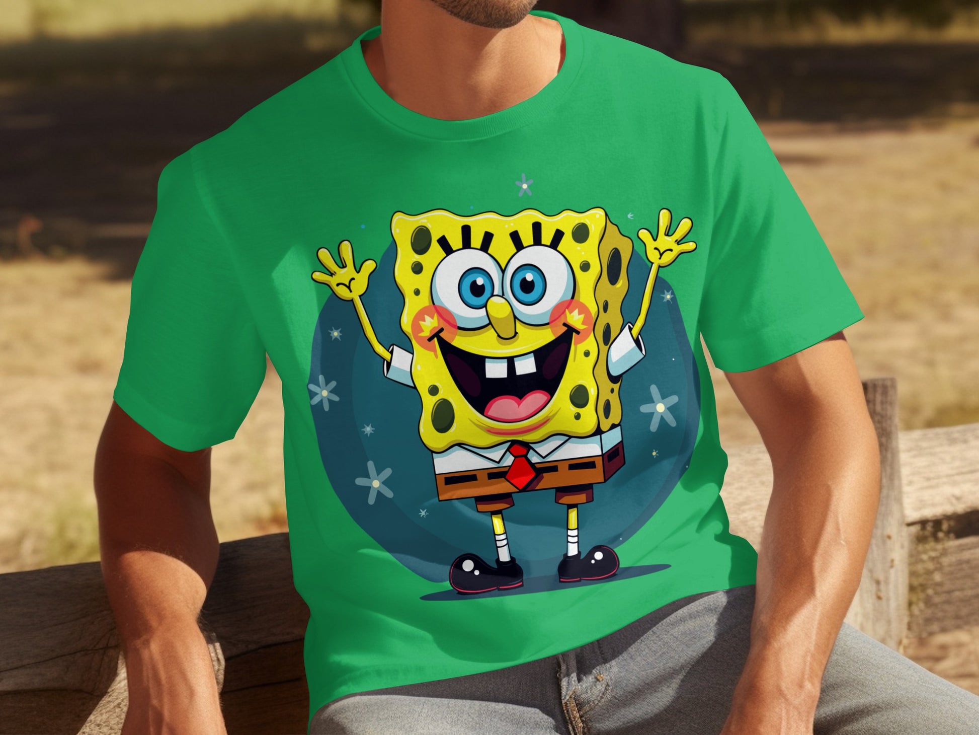 Cheerful Cartoon Character on Green T-Shirt Product