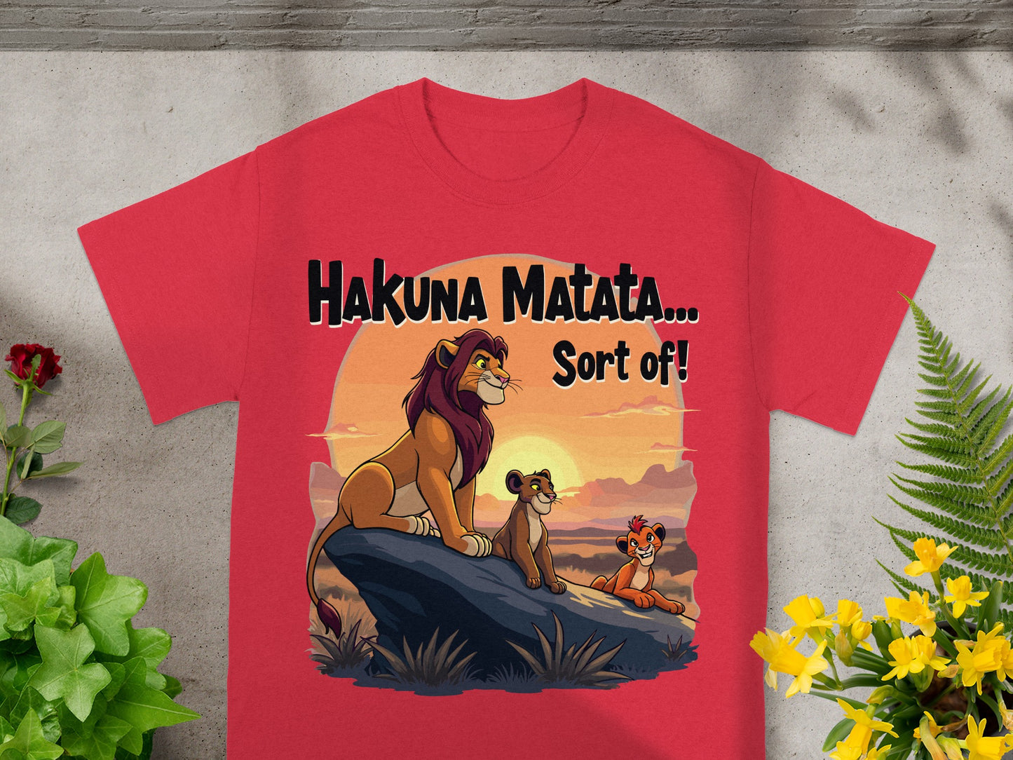 Red t-shirt with Hakuna Matata text and Lion King characters.