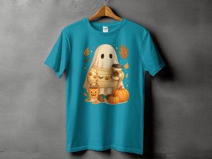 Ghost in sweater holding coffee cup with pumpkins and fall leaves.